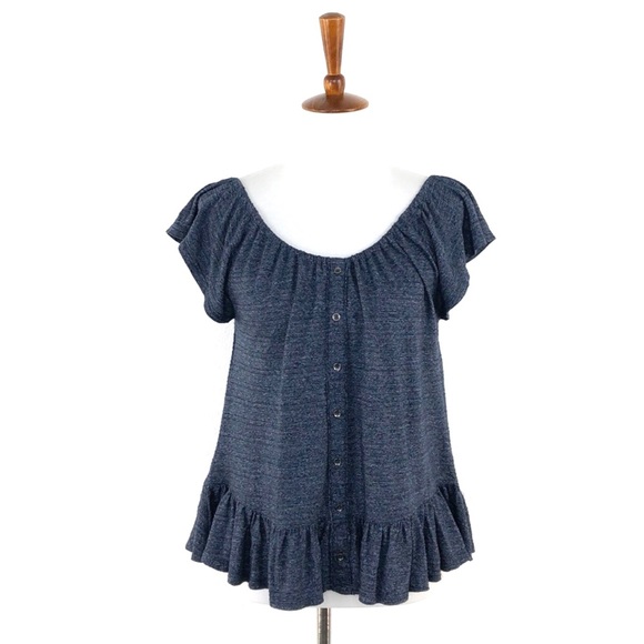 Lucky Brand Blue Button Front Flutter Sleeve Top - Picture 1 of 8